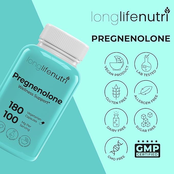 Brain &amp Hormone Support Pregnenolone - 180 Veggie Caps for Enhanced Memory Focus &amp Vitality - Made in USA
