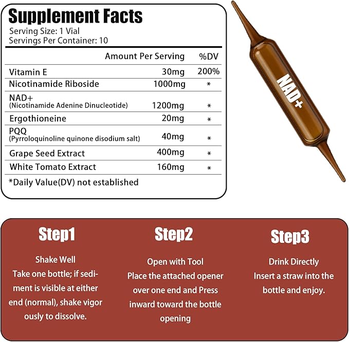 NAD+Advanced Cellular Renewal - 1200mg NAD+Liquid Supplements for Energy &amp Focus - 10 Vials (1)