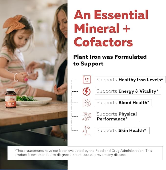 Organic Iron Supplement | Whole Food Mineral &amp Cofactors 25 mg Elemental | Enhanced Absorption Plus Blood Health Vitamins – Gentle Form – Supports Healthy Levels &amp Blood Health – 90 Capsules