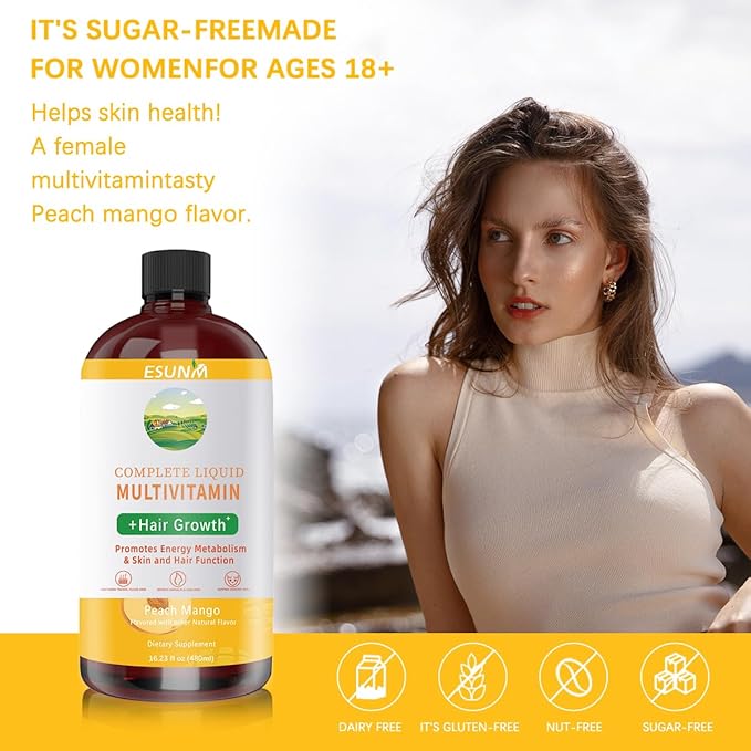 ESUNM Complete Liquid Multivitamin + Hair Growth Promotes Energy Metabolism&amp Skin and Hair Function| Vitamin C D | B Vitamins | Help to Thicker Hair Wrinkles Fine Lines Skin Care