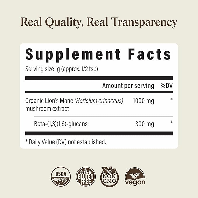 Real Mushrooms Lions Mane Mushroom Supplement - Organic Lions Mane Extract Powder for Overall Wellness with Adaptogens – Functional Vegan Non-GMO Blend with 60 Servings