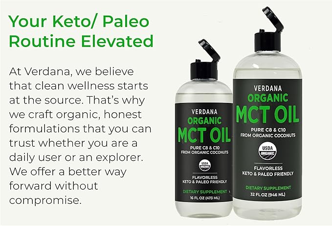 Verdana Organic MCT Oil 32 fl oz – Pure C8 &amp C10 from Organic Coconuts Flavorless MCT Oil for Coffee &amp Smoothies Keto &amp Paleo Friendly Non-GMO Kosher Dietary Supplement