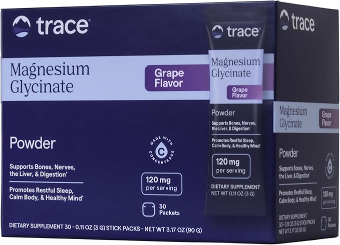Trace Minerals Magnesium Glycinate - Bedtime Magnesium Supplement for Sleep Support - Nervous System &amp Healthy Mindset Support - Travel-Friendly Stick Packs - Grape Flavor - 30 Servings
