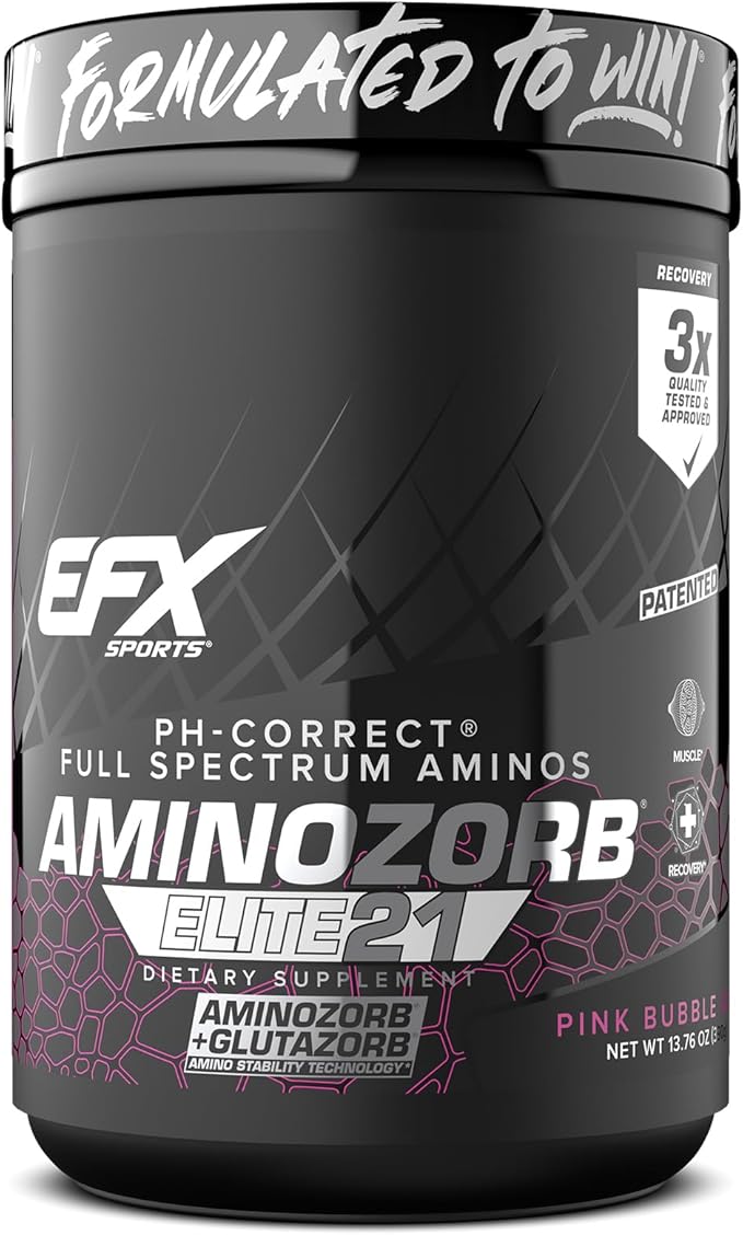 EFX Sports Aminozorb Elite 21 | PH-Correct Full Spectrum Aminos + Glutamine | Essential &amp Non Essential Aminos | Zero Sugars | 30 Servings (Pink Bubblegum)