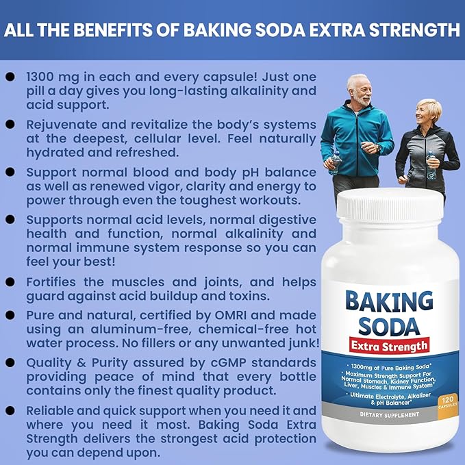 Baking Soda Aluminum Free 1300mg Per Pill Extra Strength Organic Use Pure Baking Soda Capsules for Health &amp Wellness. Baking Soda Tablets 120 Pills