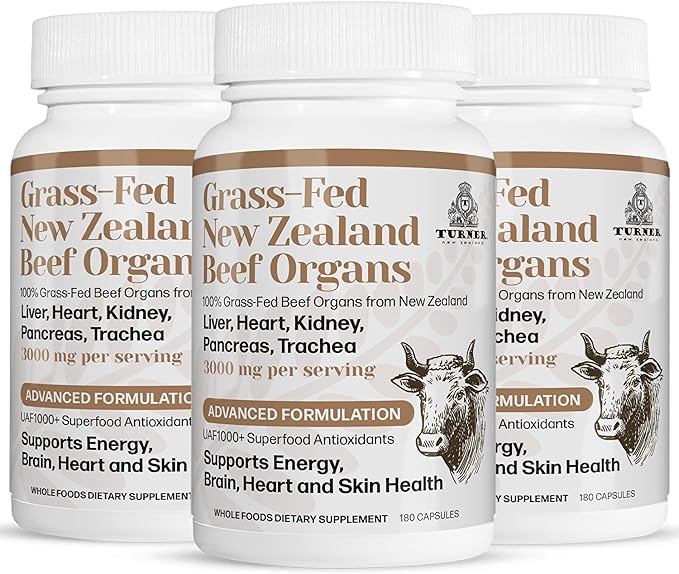 TURNER New Zealand 100% Live-Grass-Fed Beef Organs Complex Supports Whole Body Wellness and Energy with a Powerful Blend of Liver Heart Kidney Pancreas &amp Trachea Non-GMO 3000mg 540 Capsules
