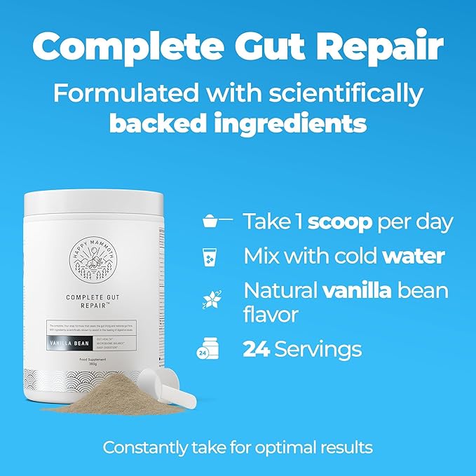 Happy Mammoth Complete Gut Repair Probiotic Prebiotic Fiber &amp Collagen Supplement for Gut Health Digestion Healthy Gut Microbiome Reduces Constipation &amp Bloating 24 Servings Vanilla Flav