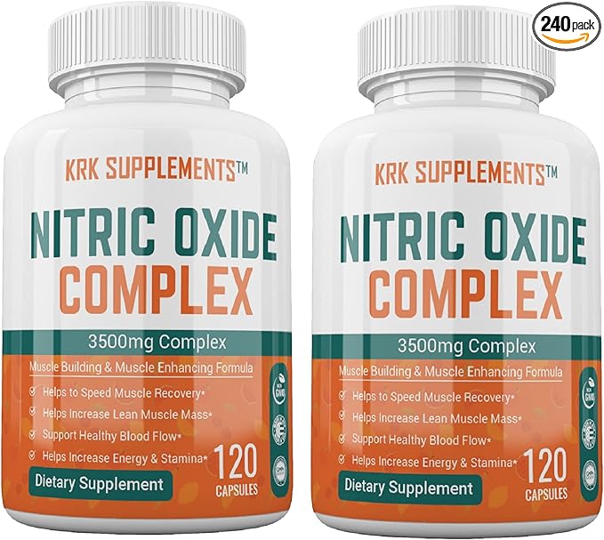 KRK SUPPLEMENTS 2 Bottles Nitric Oxide Complex 3500mg Per Serving L-Arginine HCL AAKG AKG Alpha Ketoglutarate Citrulline Malate 240 Total Capsules
