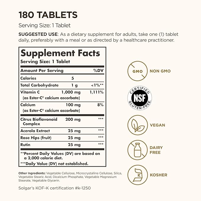 Solgar Ester-C Plus 1000 mg Vitamin C (Ascorbate Complex) - 180 Tablets - Gentle &amp Non Acidic - Supports Upper Respiratory Health - Non-GMOGluten-Free - 180 Servings (Pack of 2)