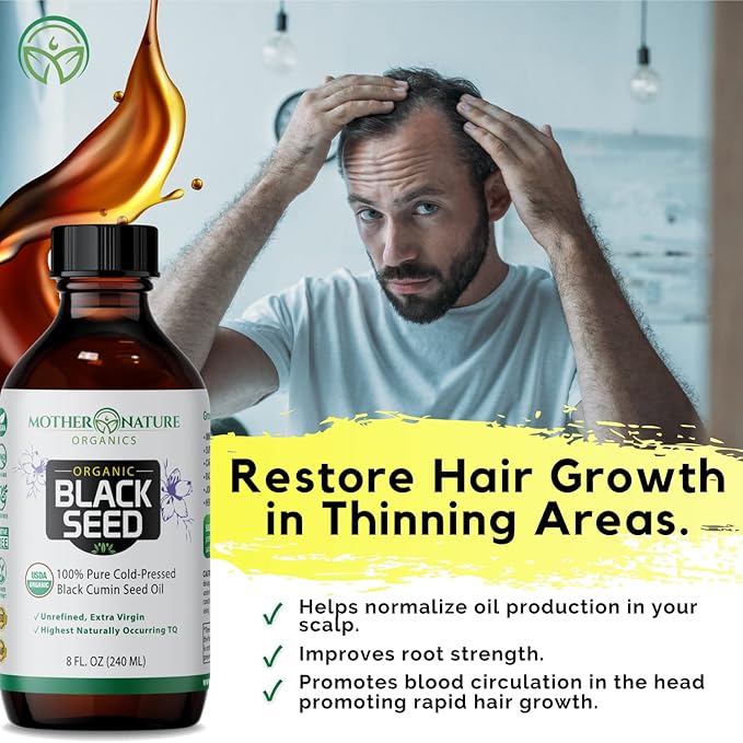 Mother Nature USDA Organic Black Seed Oil High TQ 2% Cold Pressed Unrefined Nigella Sativa Omega 3 6 9 for Immune Joint &amp Heart Support Hair &amp Skin Non-GMO Glass Bottle (8oz)