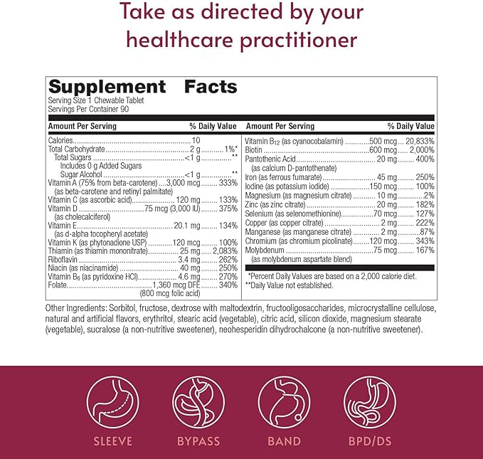 Bariatric Advantage Chewable Ultra Solo with Iron - Once-Per-Day Daily Multivitamin - for Bariatric Patients - with Thiamin Vitamin A &amp More - Gluten Free - Citrus - 90 Tablets