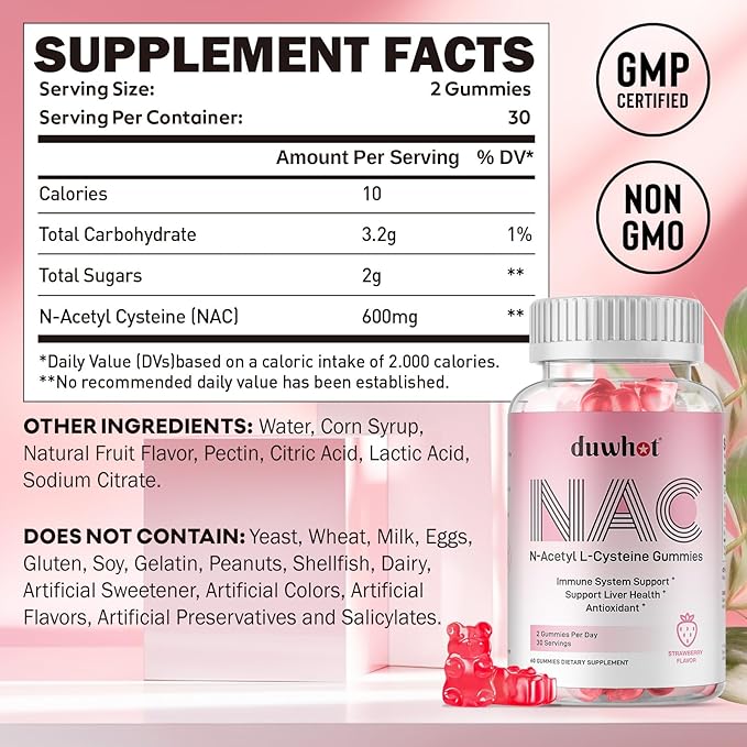 NAC Gummies 600mg N Acetyl Cysteine Supplement NAC Chewable for Antioxidants &amp Immune Support Lung &amp Liver Health Natural Strawberry Flavor 60ct