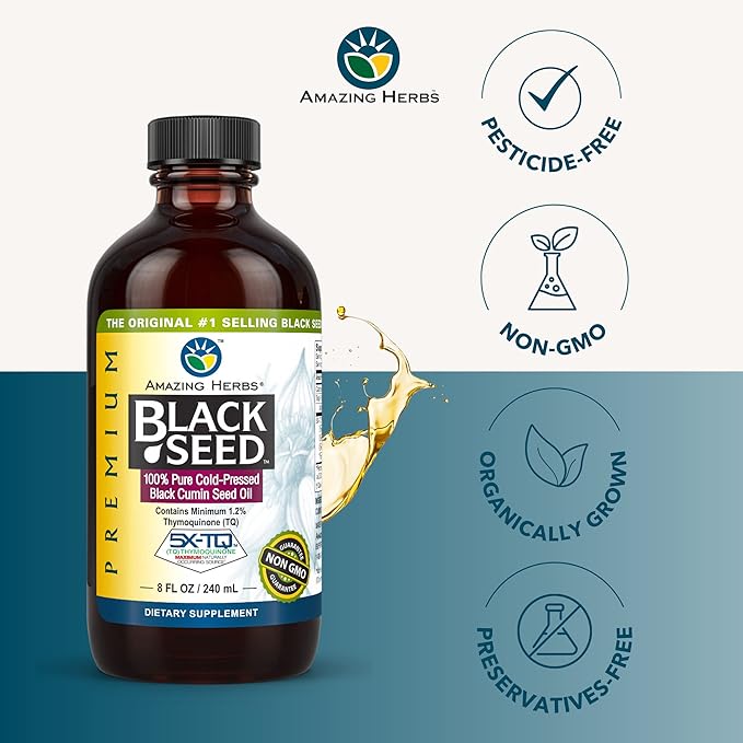 Amazing Herbs Premium Black Seed Oil - Gluten Free Non GMO Cold Pressed Nigella Sativa Aids in Digestive Health Immune Support Brain Function - 8 Fl Oz
