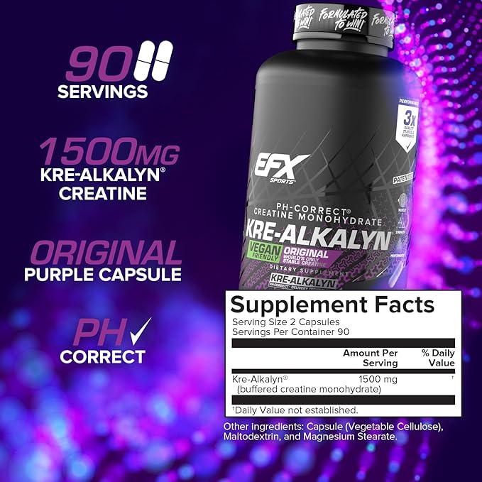 EFX Sports Kre-Alkalyn EFX | pH Correct Creatine Monohydrate Pill Supplement | Vegan Friendly | Strength &amp Muscle Growth | 90 Servings 180 Veggie Capsules