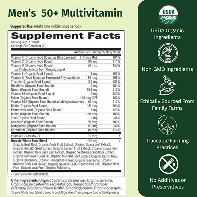 Once Daily Multivitamin for Men 50+ 19 Vitamins from Herbs &amp Superfoods Supports Prostate Health Energy Levels and Strong Bones 60 Count