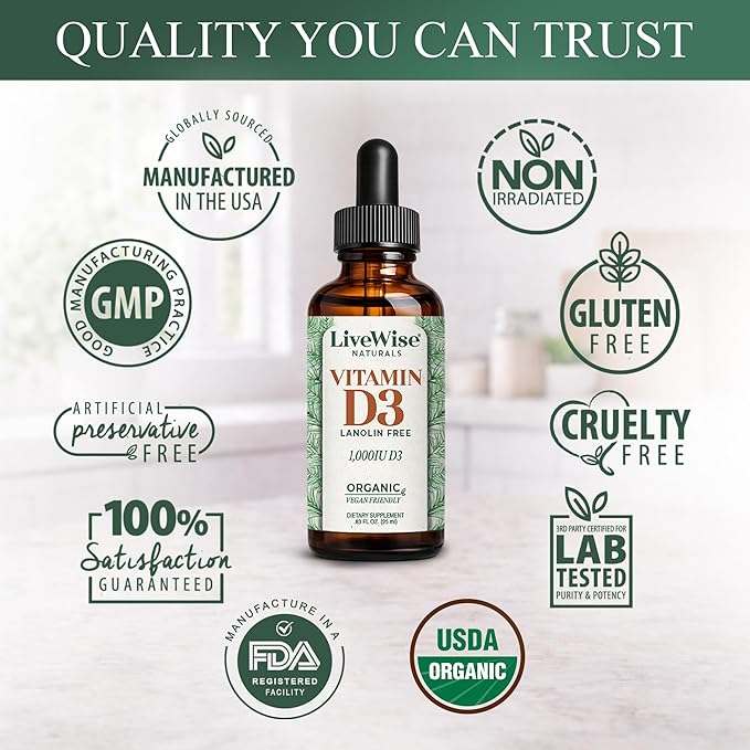 Live Wise Naturals Vitamin D3 1000 IU 25 MCG Drops - 150 Servings Ultra Concentrated Formulation Fast Absorption Vegan Organic MCT Oil Formula - Micro-Dosing Dropper for Bone &amp Immune Support
