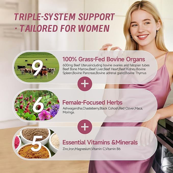 Beef Organs Supplement for Women: 600mg Beef Uterus Liver Kidney Heart for Primal Energy &amp Hormone Support – Complex with Herbs Multivitamin &amp Minerals – 60 Capsules Supplement