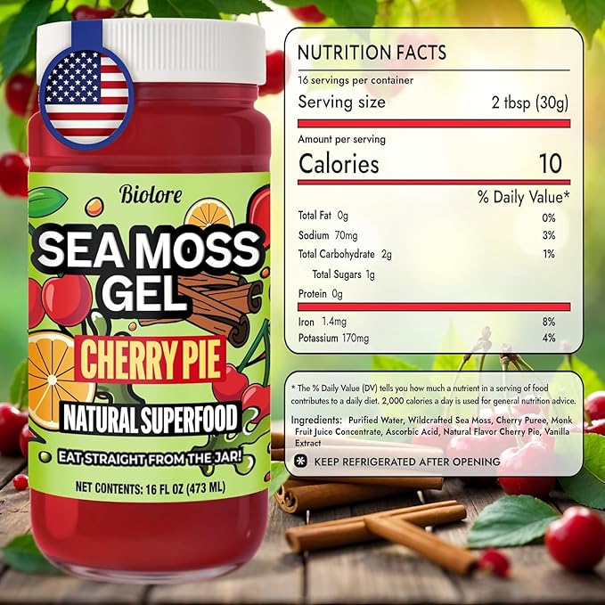 Biolore Cherry Pie Sea Moss Gel 16 oz - No Added Sugar Vegan Made in USA - Wildcrafted Sea Moss Superfood with 92 Essential Vitamins - Ready to Use No Prep Needed