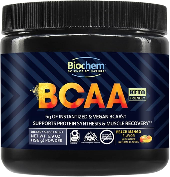 Biochem BCAA Powder Peach Mango 5g – 30 Servings | Vegan Gluten Free Keto Instantized 2:1:1 BCAA Supplement for Muscle Recovery Protein Synthesis &amp Hydration | Electrolyte Amino Acid Powder