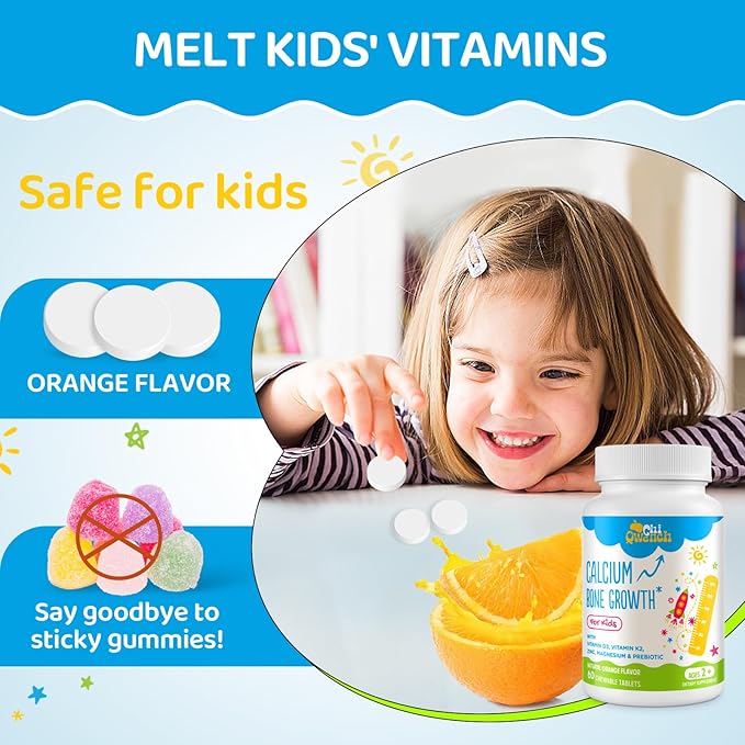 ChiQwench 500 MG Calcium Supplement with Vitamin D3 &amp K2 Zinc Magnesium &amp Prebiotics. Kids Vitamins for Kids' Height. Bone Strength High Absorption Orange Chewables Non-GMO Gluten Free