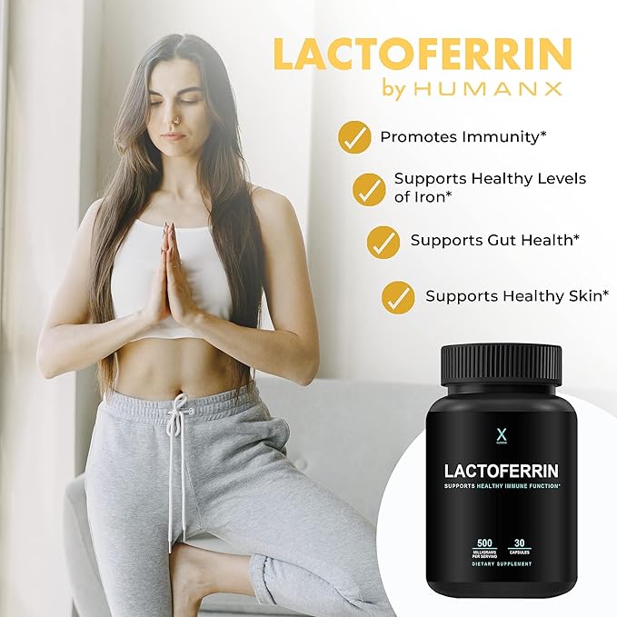 HUMANX Lactoferrin 500mg - Powerful Serving Size (Gluten Free Non GMO Soy Free Supplements) - A Component in Colostrum - USA Made Supports Healthy Immunity Iron Utilization &amp Absorption