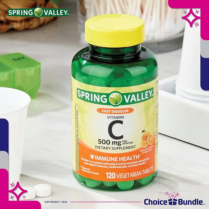 Spring Valley Vitamin C Immune Health Fast Dissolve Chewable Tablets 500 mg 120 Ct 2 Pk (240 Total) + Vitamin Vitality &amp Pill Container (4 Items)!