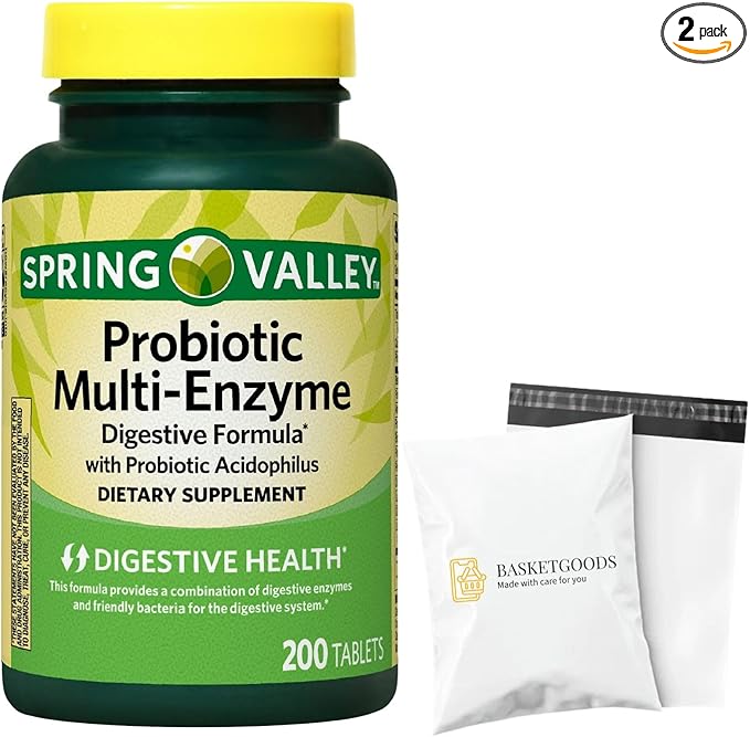 Spring Valley Probiotic Multi-Enzyme Digestive Formula Tablets 200 Count Probiotics for Men and Women for Digestive Health Bundle (Pack of 02) - Set by Basket Goods