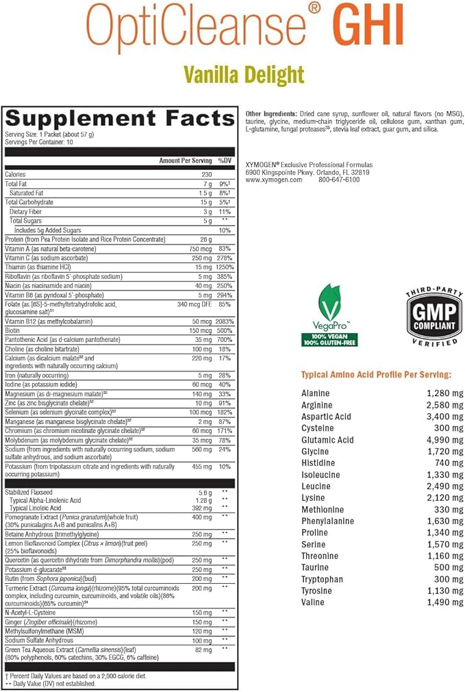 XYMOGEN OptiCleanse GHI - Protein Powder for Digestive Health - Liver &amp Immune Support - B Vitamins &amp Plant-Based Protein - Gluten-Free - Vanilla Delight Flavor - 10 Servings