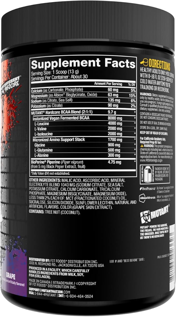 Mutant Hardcore BCAA - Pre Intra or Post Workout – BCAA Next Level branched-Chain Amino Acids Supplement – Hydration + Recovery - 30 Serving - Grape