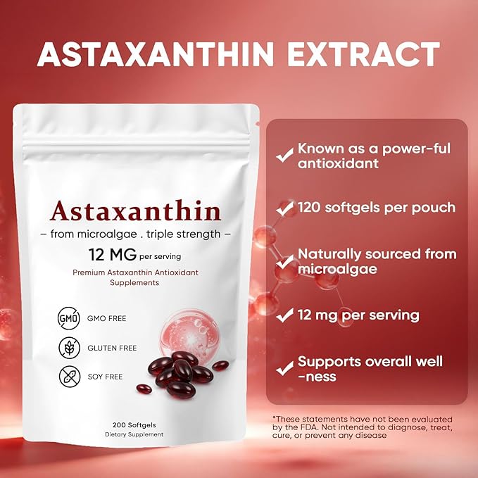Astaxanthin 12mg Premium Astaxanthin Antioxidant Supplements Supports Eye Skin Immune Joint Internal Circulation Non-GMO Verified &amp Gluten Free - 200 Softgels