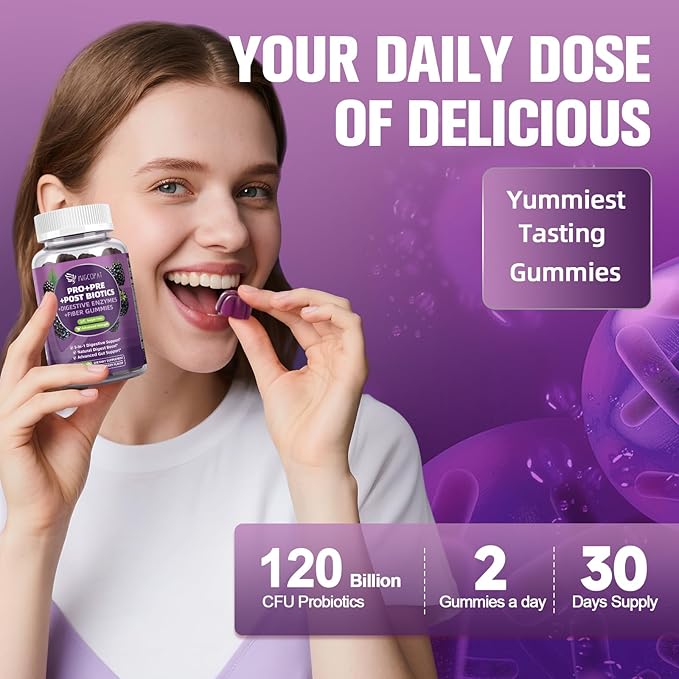 Pre Post Probiotics Gummies 5 in 1 Probiotic Prebiotic Postbiotic Digestive Enzymes with Fiber 120 Billion CFU Probiotics for Gut Health Sugar Free Vegan BlackBerry Flavor 120 Cts