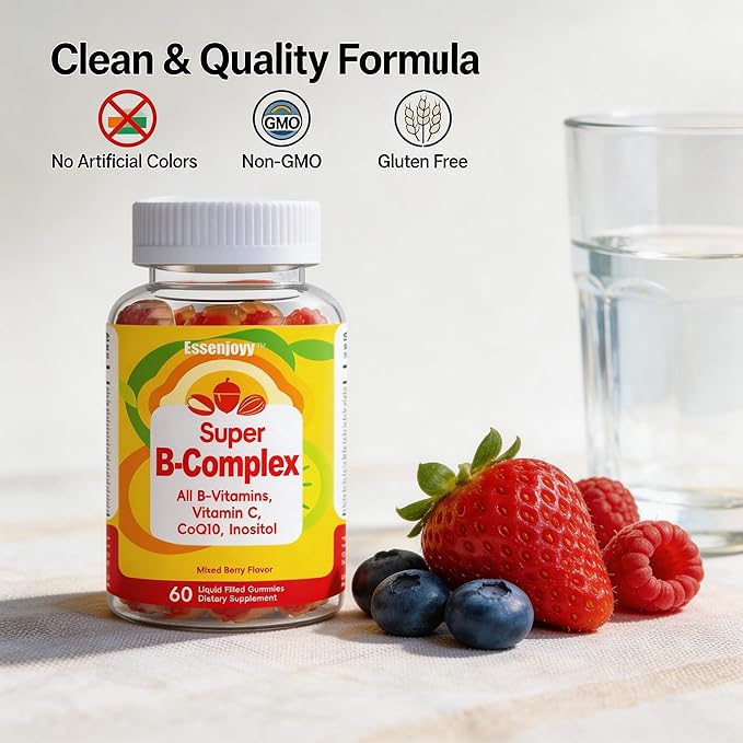 Liquid-Filled B Complex Gummies for Daily Routine Juicy Berry Flavor Complete B Vitamins with Vitamin C CoQ10 &amp Inositol Easy to Enjoy 60 Gummies x 2 (120 Total)