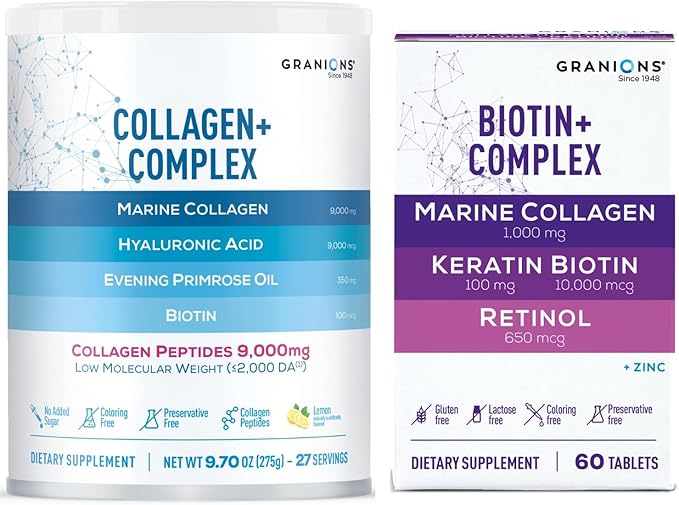 Granions Biotin Keratin Collagen Complex and Marine Collagen Lemon Powder Hair Growth and Beauty Bundle