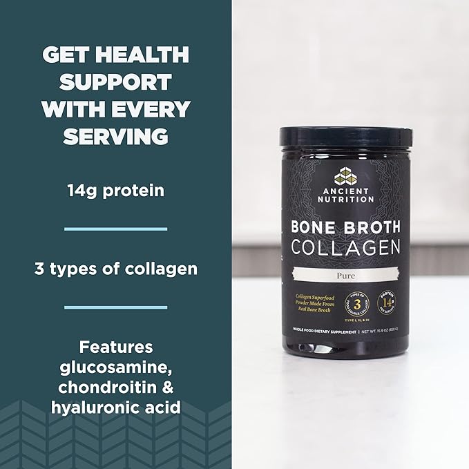 Ancient Nutrition Bone Broth Collagen Powder Pure 30 Servings + Multi Collagen Protein Powder Unflavored 45 Servings