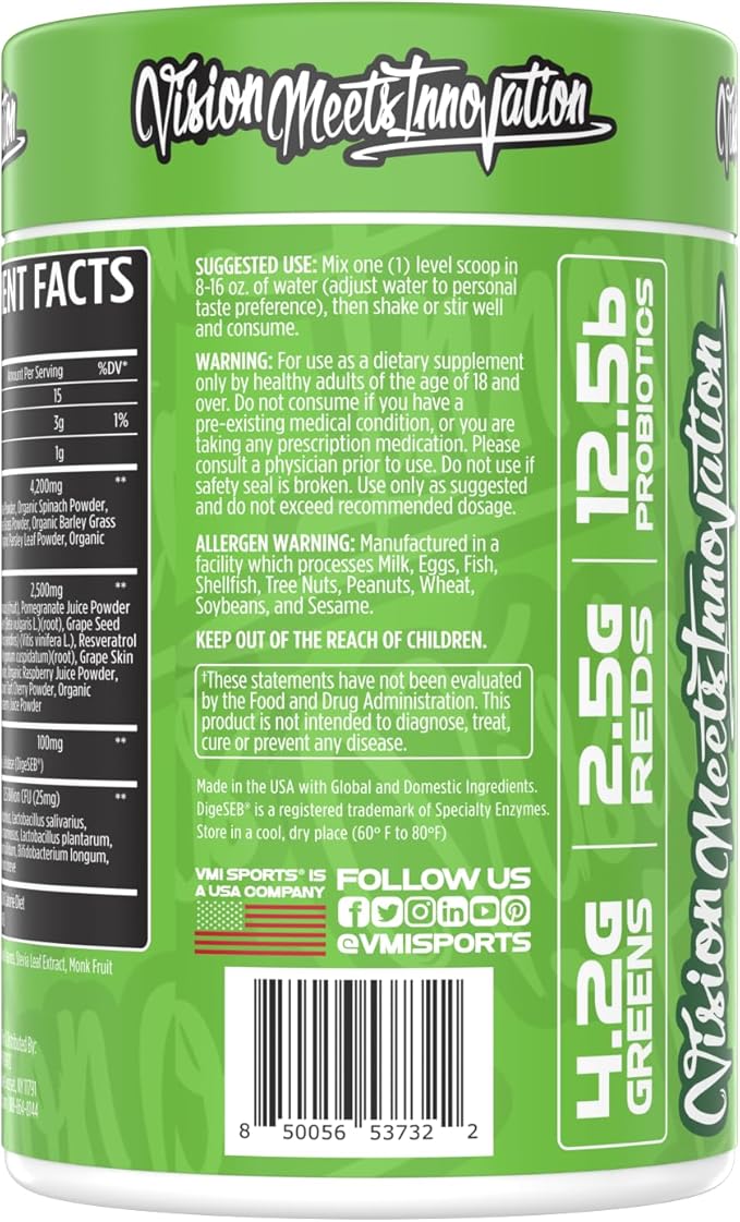 VMI Sports Greens + Reds Advanced Superfood Immunity and Gut Health | Enzymes &amp Probiotics | 30 Servings (Dragon Fruit)