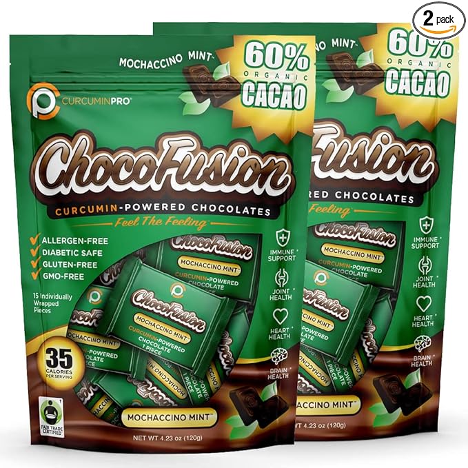 CurcuminPro ChocoFusion Moccachino Mint 2 Pack | The World's Only BioSoluble Curcumin | Made from Organic Turmeric | Vegan Allergen Free Sugar Free Keto Friendly Organic Non-GMO Chocolates
