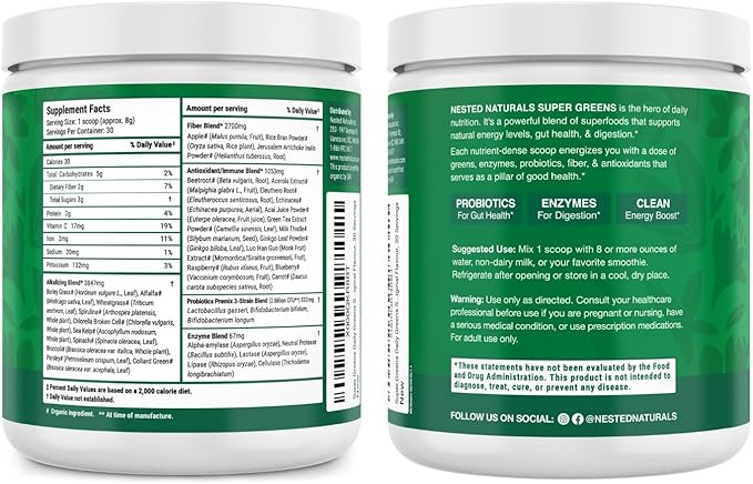 Nested Naturals Super Greens Daily Superfood Powder - Certified USDA Organic Green Powder w/20+ Whole Foods Spirulina PowderWheat &amp Barley Grass - Probiotics Fiber &amp Enzymes - Original Flav