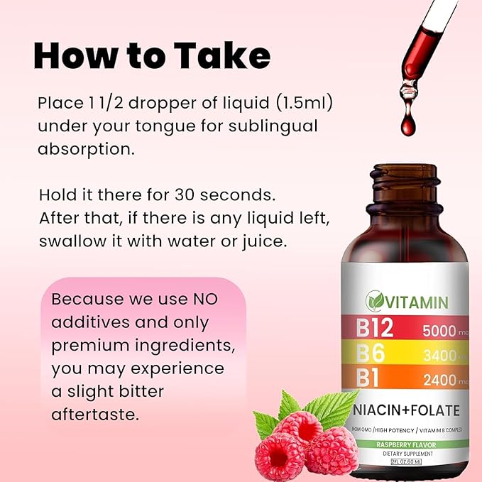 Vitamin B12 and B6 Liquid Drops B12 Sublingual Vitamin B Complex - B 12 Vitamin 5000mcg - B12 Methylcobalamin for Energy Brain and Heart Support with Raspberry 80 Servings
