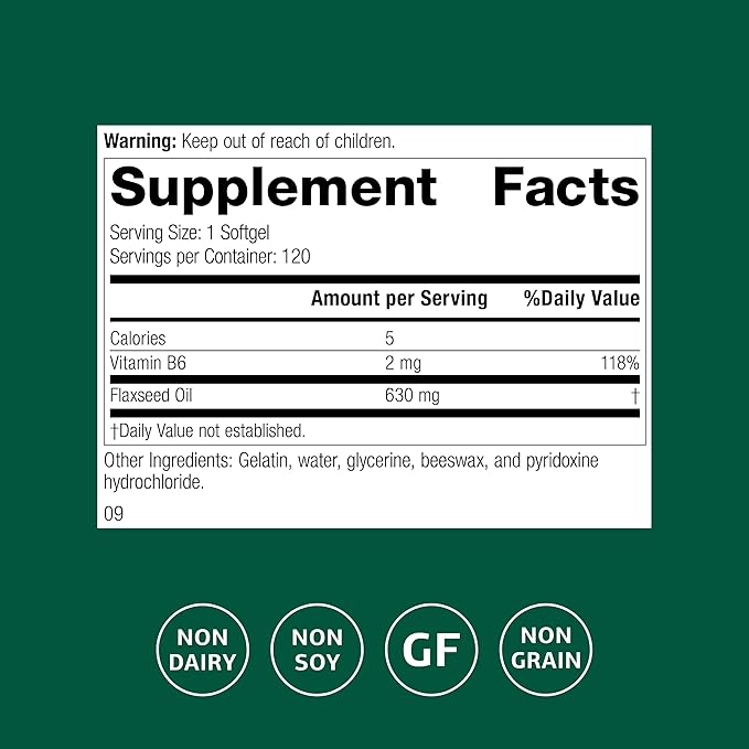 Standard Process Flax Oil with B6 - Supplement for Hormone &amp Nerve Tissue Support - Supports Brain Heart &amp Skin Skin - Gluten-Free Non-Dairy &amp Non-Soy - 120 Softgels (120 Servings)