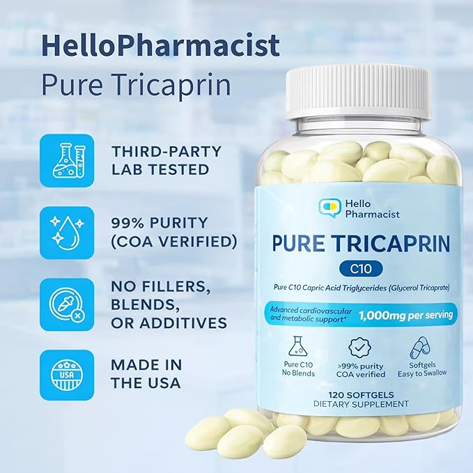 HelloPharmacist 100% Pure Tricaprin C10 - Capric Acid Triglycerides (Glycerol Tricaprate) - Advanced Cardiovascular Heart &amp Cellular Energy Support - 120 Softgels - Made in the USA