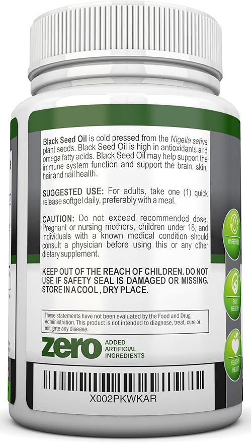 Black Seed Oil - 1000 Mg - 180 Softgels - Cold-Pressed Non-GMO Black Cumin Seed Capsules - Super High Thymoquinone Content - Nigella Sativa - Rich in Omega 6 &amp 9 Fatty Acids - Immune Health Suppor
