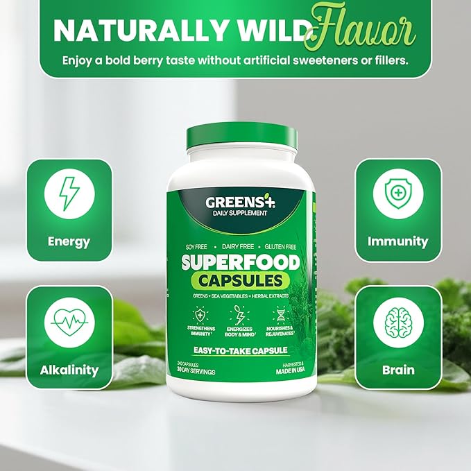 Greens+ Organic Superfood Capsules Organic Spirulina and Chlorella with Alfalfa &amp Wheat Grass Vitamins &amp Minerals Supplements Gluten-Free Vegan Non-GMO 240 Count