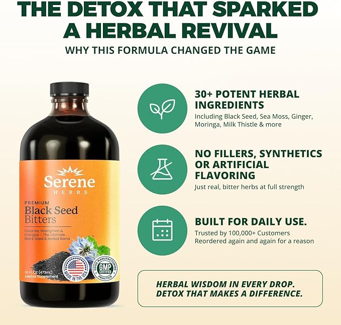 Serene Herbs Organic Black Seed Oil Bitters Liquid - Black Cumin Seed Extract Nigella Sativa Pure Blackseed Supplement with Thymoquinone for Immune Support &amp Digestion - Vegan - 16 oz