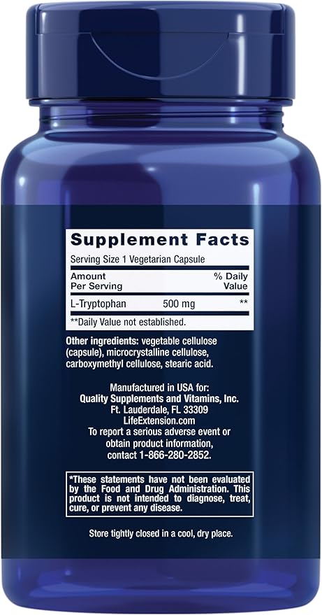 Life Extension L-Tryptophan 500 mg Encourages Healthy Serotonin Levels and Promotes Healthy Sleep Mood Stress Response &amp Satiety Gluten-Free Non-GMO Vegetarian 90 Capsules