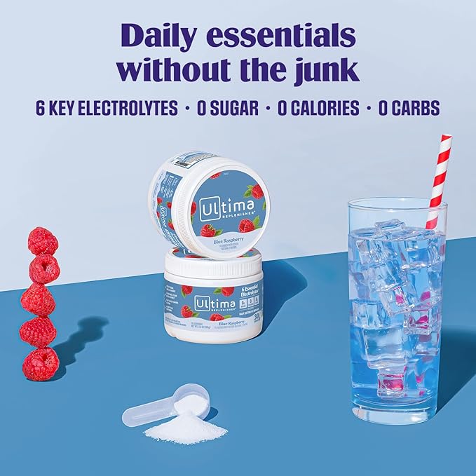 Ultima Replenisher Daily Electrolyte Powder Drink Mix – Sugar Free – Blue Raspberry 30 Servings – Hydration Powder with 6 Electrolytes and Trace Minerals – Keto Friendly Vegan Non-GMO