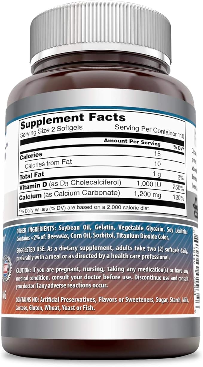 Amazing Formulas Calcium with Vitamin D3 220 Supplement | 1000 Mg | 220 Softgels | Non-GMO | Gluten-Free | Made in USA | Pack of 3