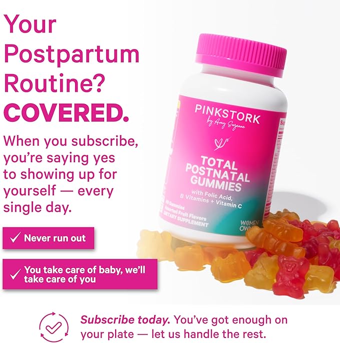 Pink Stork Total Postnatal Vitamin Gummies - Multivitamin for Postpartum Recovery and Lactation Support - Folic Acid B6 and Vitamin C - Postpartum Essentials - 60 Gummy Vitamins