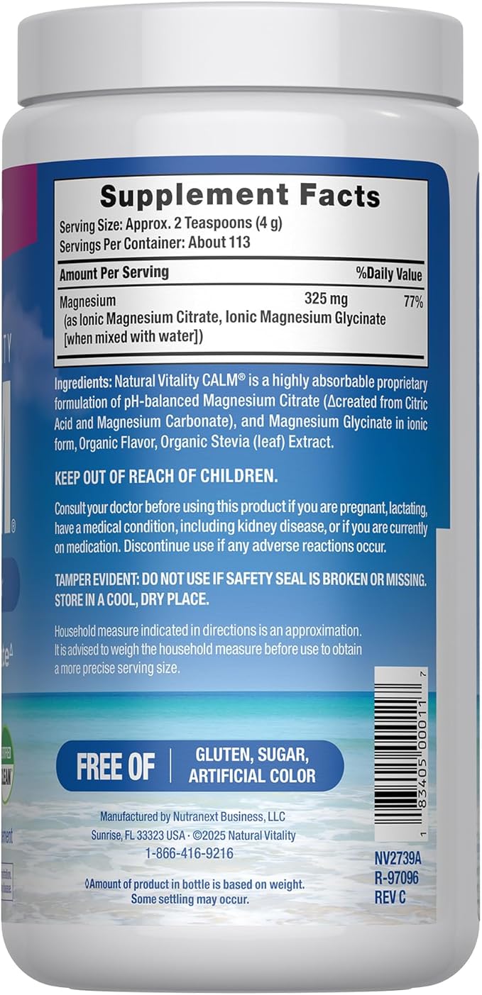 Natural Vitality Calm Magnesium 16oz Powder | Raspberry Lemon Flavored Supplement | Non-GMO Vegan &amp Gluten Free Formula