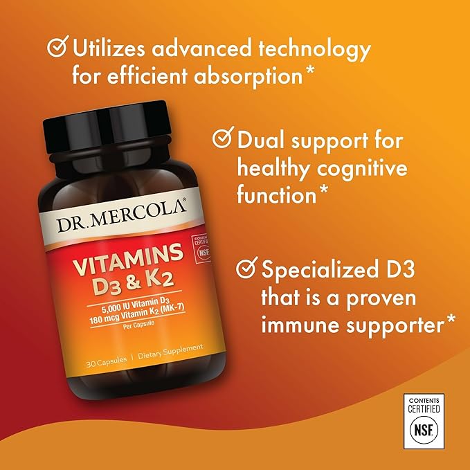 Dr. Mercola Vitamins D3 &amp K2 - Supports Immune Brain Cardiovascular Respiratory &amp Bone Health - GMO-Free Gluten-Free &amp Soy-Free - 30 Capsules (30 Servings)