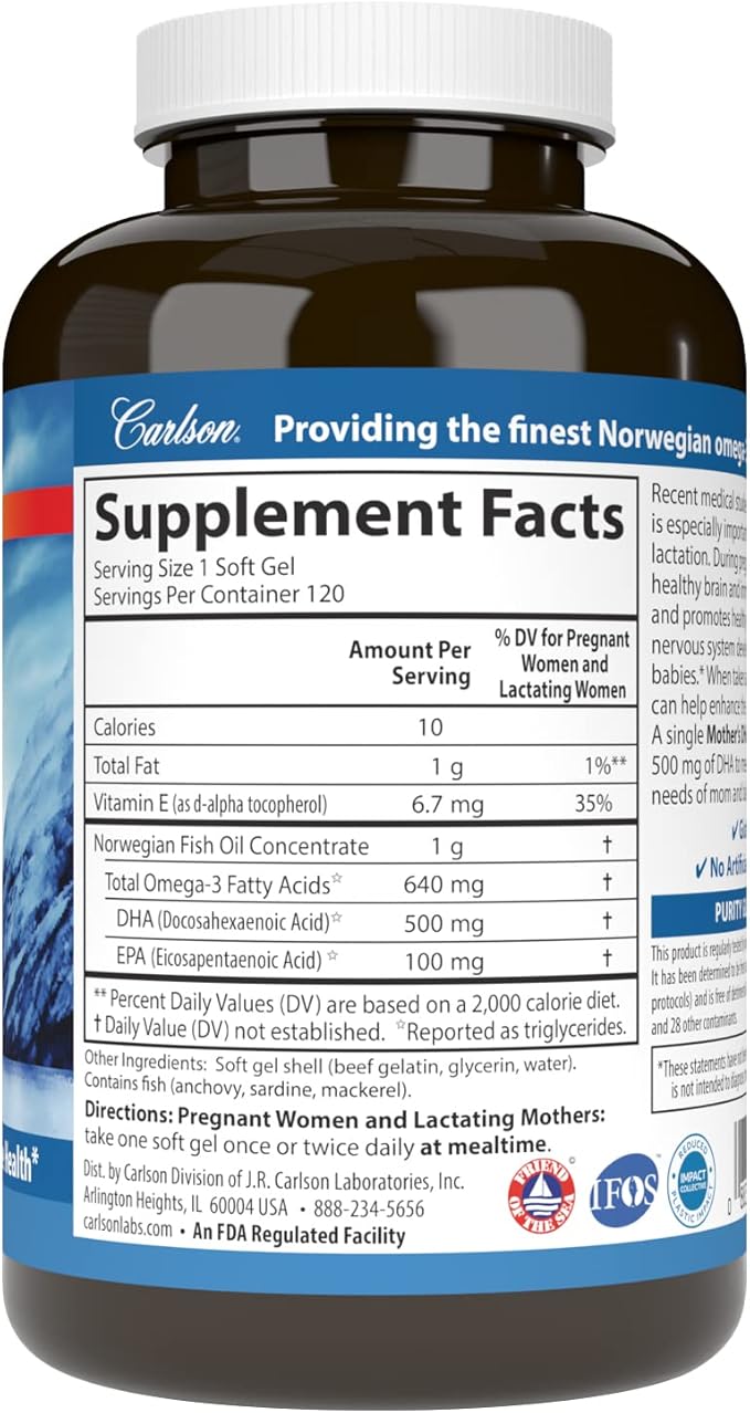 Carlson - Mother's DHA 500 mg DHA Prenatal Support Fetal Development &amp Immune Health 120 Softgels